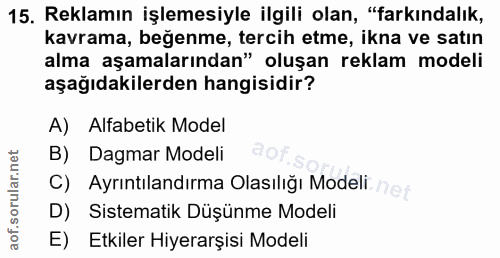 15. soru: Reklamın işlemesiyle ilgili olan, "farkındalık, kavrama, beğenme, tercih etme, ikna ve satın alma aşamalarından" oluş…