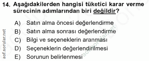 14. soru: Aşağıdakilerden hangisi tüketici karar verme sürecinin adımlarından biri değildir? A) Satın alma öncesi değerlendirme…