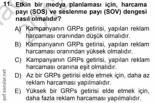 11. soru: Etkin bir medya planlaması için, harcama payı (SOS) ve seslenme payı (SOV) dengesi nasıl olmalıdır? A) Kampanyanın GR…
