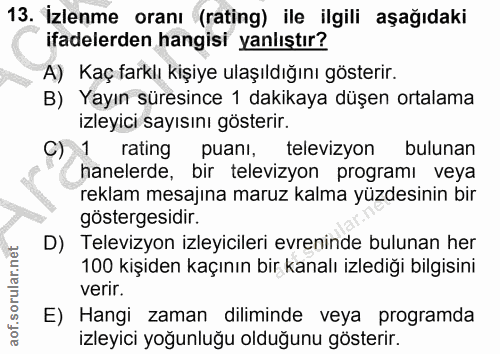 13. soru: İzlenme oranı (rating) ile ilgili aşağıdaki ifadelerden hangisi yanlıştır? A) Kaç farklı kişiye ulaşıldığını gösterir…