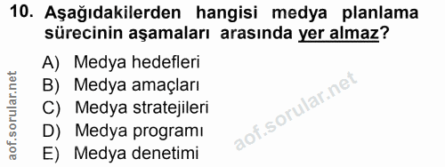 10. soru: Aşağıdakilerden hangisi medya planlama sürecinin aşamaları arasında yer almaz? A) Medya hedefleri B) Medya amaçları C…