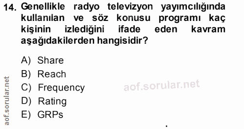 14. soru: Genellikle radyo televizyon yayımcılığında kullanılan ve söz konusu programı kaç kişinin izlediğini ifade eden kavram…
