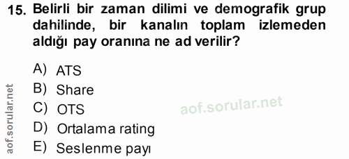 15. soru: Belirli bir zaman dilimi ve demografik grup dahilinde, bir kanalın toplam izlemeden aldığı pay oranına ne ad verilir?…