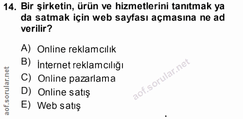 14. soru: Bir şirketin, ürün ve hizmetlerini tanıtmak ya da satmak için web sayfası açmasına ne ad verilir? A) Online reklamcıl…