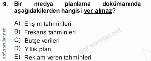 9. soru: Bir medya planlama dokümanında aşağıdakilerden hangisi yer almaz? A) Erişim tahminleri B) Frekans tahminleri C) Bütçe…
