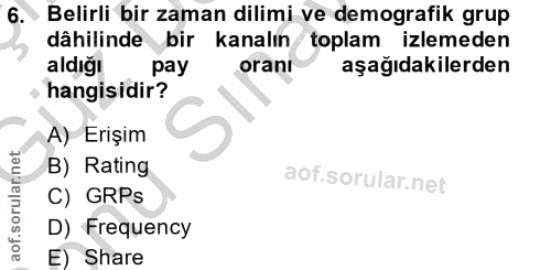 6. soru: Belirli bir zaman dilimi ve demografik grup dâhilinde bir kanalın toplam izlemeden aldığı pay orant aşağıdakilerden h…
