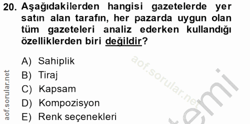 20. soru: Aşağıdakilerden hangisi gazetelerde yer satın alan tarafın, her pazarda uygun olan tüm gazeteleri analiz ederken kull…