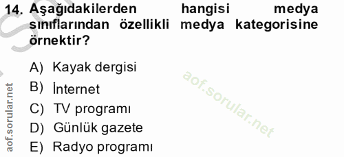 14. soru: Aşağıdakilerden hangisi medya sınıflarından özellikli medya kategorisine örnektir? A) Kayak dergisi B) Internet C) TV…