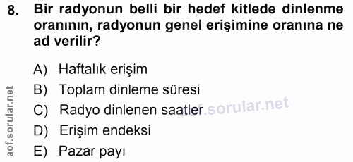 8. soru: Bir radyonun belli bir hedef kitlede dinlenme oranının, radyonun genel erişimine oranına ne ad verilir? A) Haftalık e…
