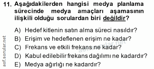 11. soru: Aşağıdakilerden hangisi medya planlama sürecinde medya amaçları aşamasının ilişkili olduğu sorulardan biri değildir?…