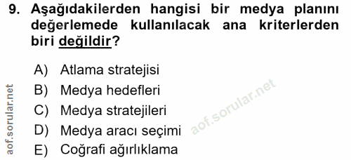 9. soru: Aşağıdakilerden hangisi bir medya planını değerlemede kullanılacak ana kriterlerden biri değildir? A) Atlama strateji…