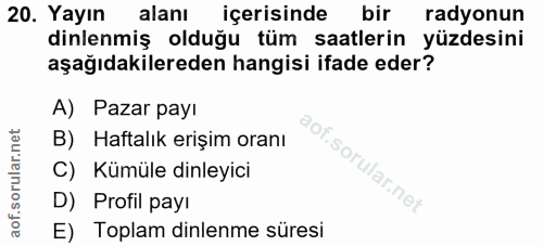 20. soru: Yayın alanı içerisinde bir radyonun dinlenmiş olduğu tüm saatlerin yüzdesini aşağıdakilereden hangisi ifade eder? A)…