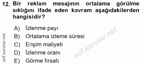 12. soru: Bir reklam mesajının ortalama görülme sıklığını ifade eden kavram aşağıdakilerden hangisidir? A) Izlenme payı Ilar.ne…