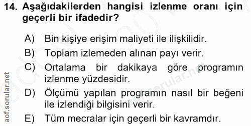 14. soru: Aşağıdakilerden hangisi izlenme oranı için geçerli bir ifadedir? A) Bin kişiye erişim maliyeti ile ilişkilidir. B) To…