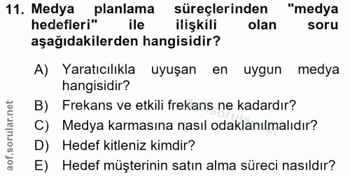 11. soru: Medya planlama süreçlerinden "medya hedefleri" ile ilişkili olan soru aşağıdakilerden hangisidir? A) Yaratıcılıkla uy…