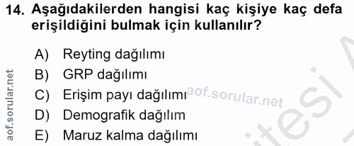 14. soru: Aşağıdakilerden hangisi kaç kişiye kaç defa erişildiğini bulmak için kullanılır? A) Reyting dağılımı B) GRP dağılımı…