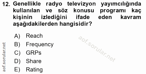 12. soru: Genellikle radyo televizyon yayımcılığında kullanılan ve söz konusu programı kaç kişinin izlediğini ifade eden kavram…