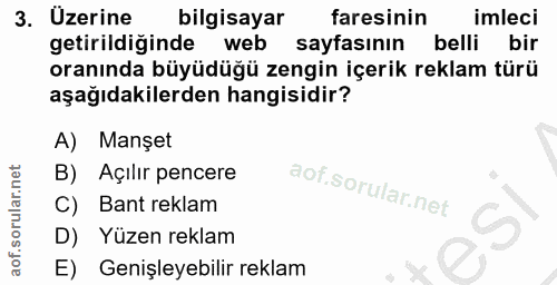 3. soru: Uzerine bilgisayar faresinin imleci getirildiğinde web sayfasının belli bir oranında büyüdüğü zengin içerik reklam tü…