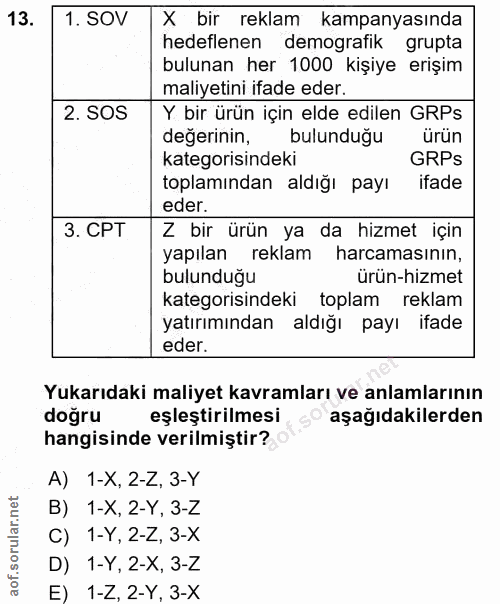 13. soru: 1. SOV X bir reklam kampanyasında hedeflenen demografik grupta bulunan her 1000 kişiye erişim maliyetini ifade eder 2…