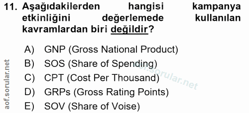11. soru: Aşağıdakilerden hangisi kampanya etkinliğini değerlemede kullanılan kavramlardan biri değildir? A) GNP (Gross Nationa…