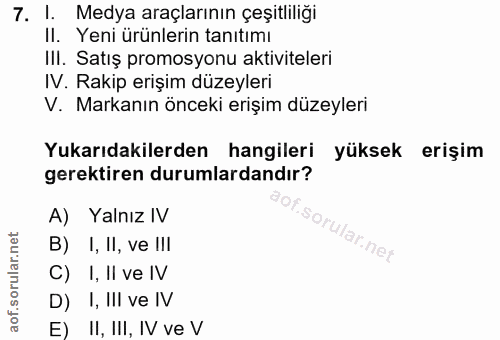 7. soru: I. Medya araçlarının çeşitliliği II. Yeni ürünlerin tanıtımı IlI. Satış promosyonu aktiviteleri IV. Rakip erişim düze…