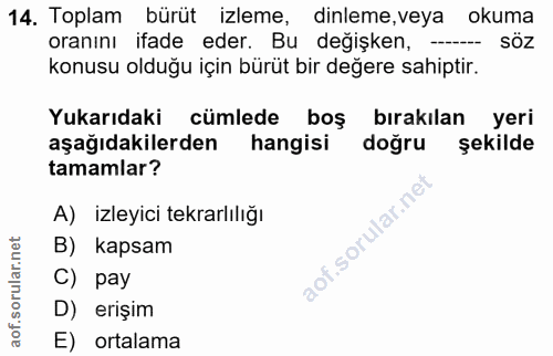 14. soru: Toplam bürüt izleme, dinleme, veya okuma oranını ifade eder. Bu değişken, -- SÖz konusu olduğu için bürüt bir değere…