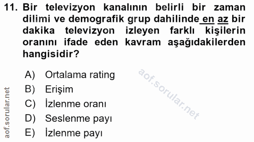 11. soru: Bir televizyon kanalının belirli bir zaman dilimi ve demografik grup dahilinde en az bir dakika televizyon izleyen fa…