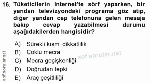 16. soru: Tüketicilerin Internet'te sörf yaparken, bir yandan televizyondaki programa göz atıp, diğer yandan cep telefonuna gel…