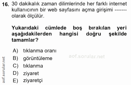 16. soru: 30 dakikalık zaman dilimlerinde her farklı internet kullanıcının bir web sayfasını açma girişimi---- olarak ölçülür.…