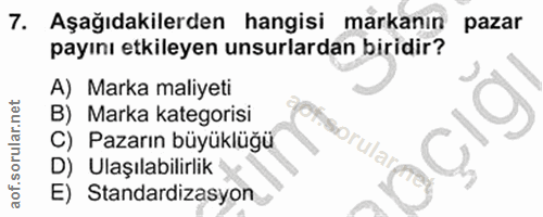 7. soru: Aşağıdakilerden hangisi markanın pazar payını etkileyen unsurlardan biridir? A) Marka maliyeti B) Marka kategorisi C)…