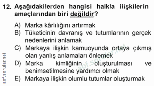 12. soru: Aşağıdakilerden hangisi halkla ilişkilerin amaçlarından biri değildir? A) Marka kärlılığını artırmak B) Tüketicinin d…