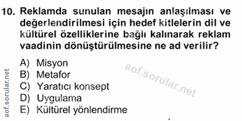 10. soru: Reklamda sunulan mesajın anlaşılması ve değerlendirilmesi için hedef kitlelerin dil ve kültürel özelliklerine bağlı k…