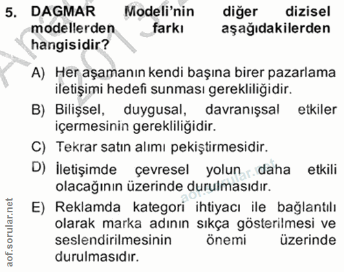5. soru: DAMAR Modeli'nin diğer dizisel modellerden farkı aşağıdakilerden hangisidir? A) Her aşamanın kendi başına birer pazar…