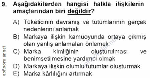 9. soru: Aşağıdakilerden hangisi halkla ilişkilerin amaçlarından biri değildir? A) Tüketicinin davranış ve tutumlarının gerçek…