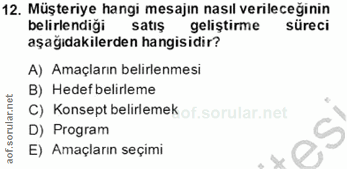 12. soru: Müşteriye hangi mesajın nasıl verileceğinin belirlendiği satiş geliştirme süreci aşağıdakilerden hangisidir? A) Amaçl…