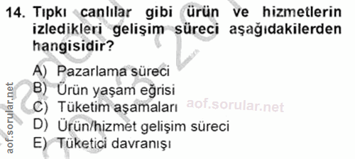 14. soru: Tıpkı canlılar gibi ürün ve hizmetlerin izledikleri gelişim süreci aşağıdakilerden hangisidir? A) Pazarlama süreci B)…
