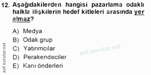 12. soru: Aşağıdakilerden hangisi pazarlama odaklı halkla ilişkilerin hedef kitleleri arasında yer almaz? A) Medya B) Odak grup…