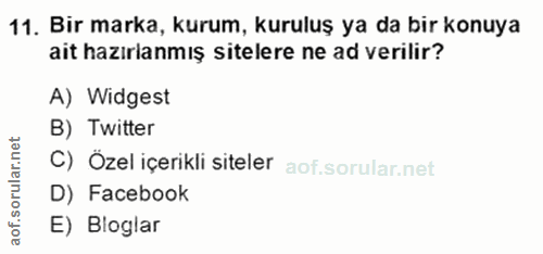 11. soru: Bir marka, kurum, kuruluş ya da bir konuya ait hazırlanmış sitelere ne ad verilir? A) Widgest B) Twitter C) Özel içer…