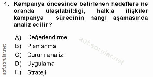 1. soru: Kampanya öncesinde belirlenen hedeflere ne oranda ulaşılabildiği, halkla ilişkiler kampanya sürecinin hangi aşamasınd…