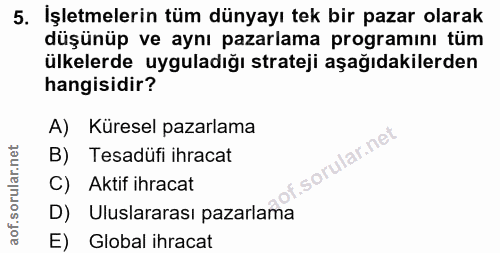 5. soru: İşletmelerin tüm dünyayı tek bir pazar olarak düşünüp ve aynı pazarlama programını tüm ülkelerde uyguladığı strateji…