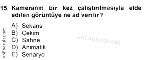 15. soru: Kameranın bir kez çalıştırılmasıyla elde edilen görüntüye ne ad verilir? A) Sekans B) Çekim C) Sahne D) Animatik E) S…