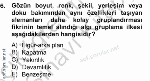 6. soru: Gözün boyut, renk, şekil, yerleşim veya doku bakımından aynı özellikleri taşıyan elemanları daha kolay gruplandırması…