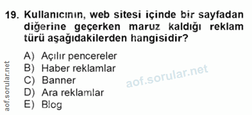 19. soru: Kullanıcının, web sitesi içinde bir sayfadan diğerine geçerken maruz kaldığı reklam türü aşağıdakilerden hangisidir?…