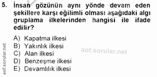 5. soru: İnsan gözünün aynı yönde devam eden şekillere karşı eğilimli olması aşağıdaki algı gruplama ilkelerinden hangisi ile…