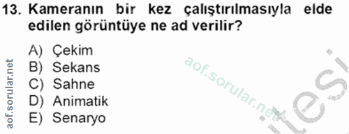 13. soru: Kameranın bir kez çalıştırılmasıyla elde edilen görüntüye ne ad verilir? A) Çekim B) Sekans C) Sahne aof.sorular.ngth…