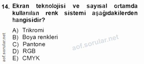 14. soru: Ekran teknolojisi ve sayısal ortamda kullanılan renk sistemi aşağıdakilerden hangisidir? A) Trikromi B) Boya renkleri…