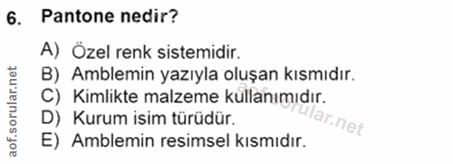 6. soru: Pantone nedir? A) Özel renk sistemidir. B) Amblemin yazıyla oluşan kısmıdır. C) Kimlikte malzeme kullanımıdır. D) Kur…