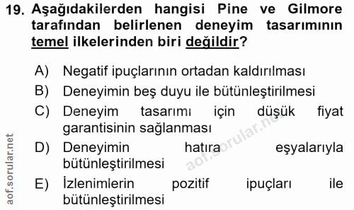 19. soru: Aşağıdakilerden hangisi Pine ve Gilmore tarafından belirlenen deneyim tasarımının temel ilkelerinden biri değildir? A…