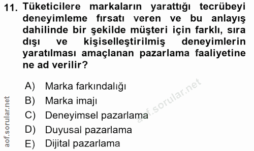 11. soru: Tüketicilere markaların yarattığı tecrübeyi deneyimleme fırsatı veren ve bu anlayış dahilinde bir şekilde müşteri içi…