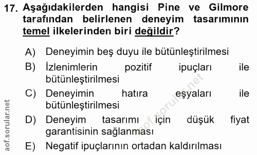 17. soru: Aşağıdakilerden hangisi Pine ve Gilmore tarafından belirlenen deneyim tasarımının temel ilkelerinden biri değildir? A…